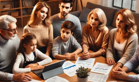 A family sitting together, planning financial strategies to build generational wealth.