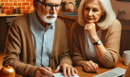 An elderly couple planning their retirement savings, discussing strategies to counter inflation risks.