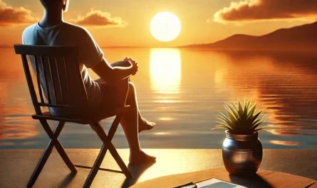 A peaceful retirement transition symbolized by a relaxed person watching a sunset with a financial plan nearby.