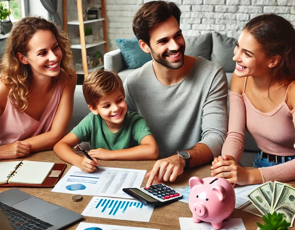 Family building financial independence through budgeting and smart investments.